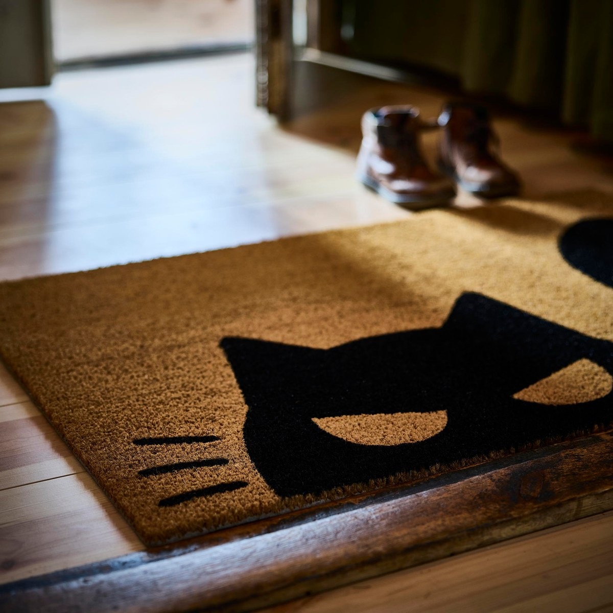 IKEA KUSTFYR black-cat door mat — Cat pattern · black/natural · 2 ft × 2 ft 11 in
