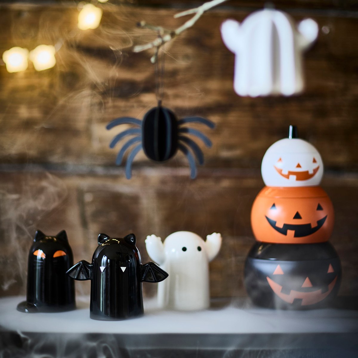 IKEA KUSTFYR ceramic decoration trio — One ghost, one cat and one bat · each about 4.3 inches high